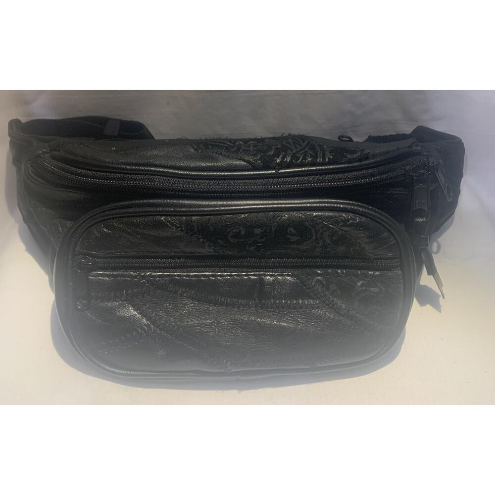 Vintage Black Faux Leather 3 pocket Fanny Pack